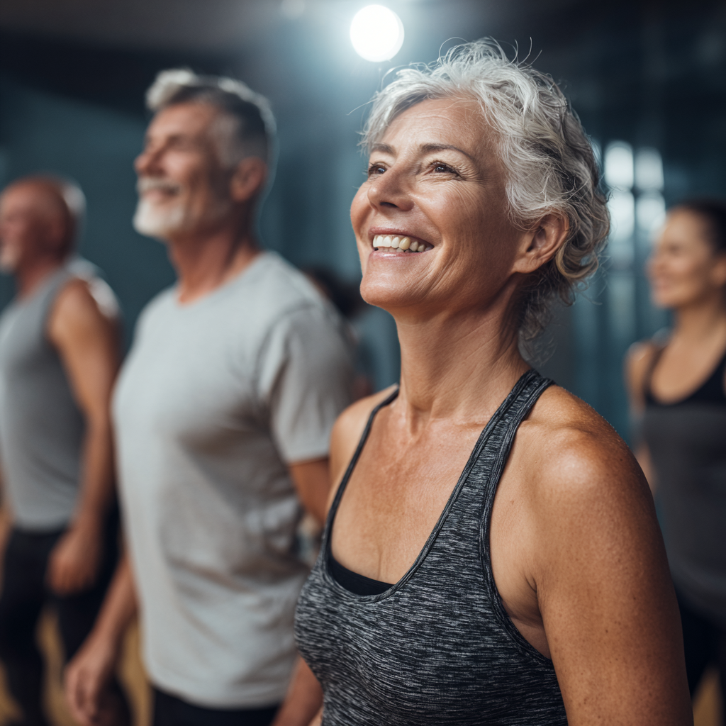 mature adults exercising in a comfortable group fitness environment