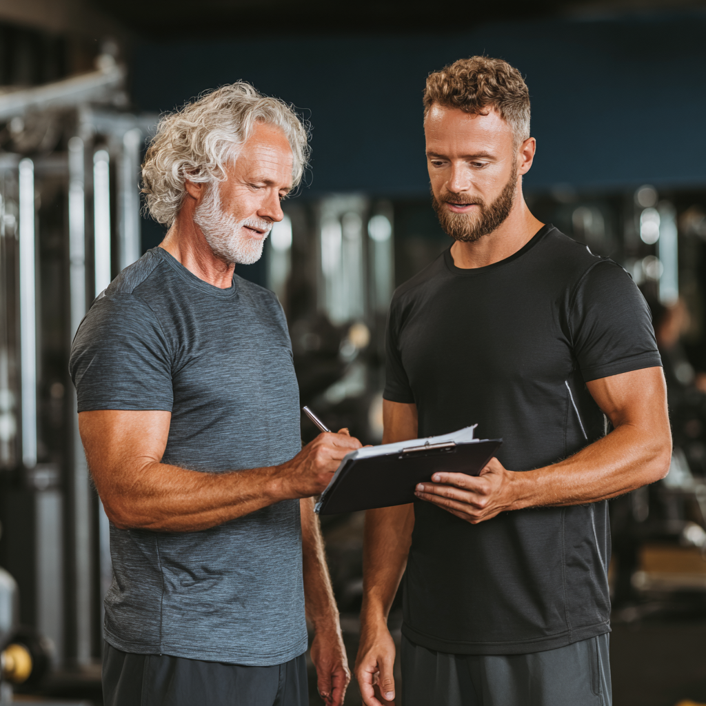 middle-aged professional discussing fitness plan with experienced trainer